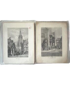 Antique Cassell Engraving Prints Set of 2 Reutlingen & Town Hall Halberstadt Ger